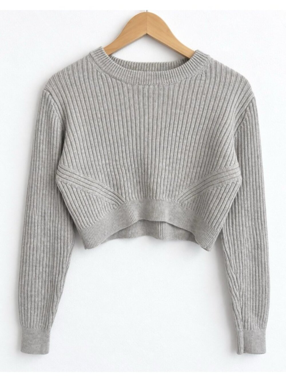 Aritzia Wilfred Free 100% Merino Wool Ribbed Cropped Sweater Gray Beige S